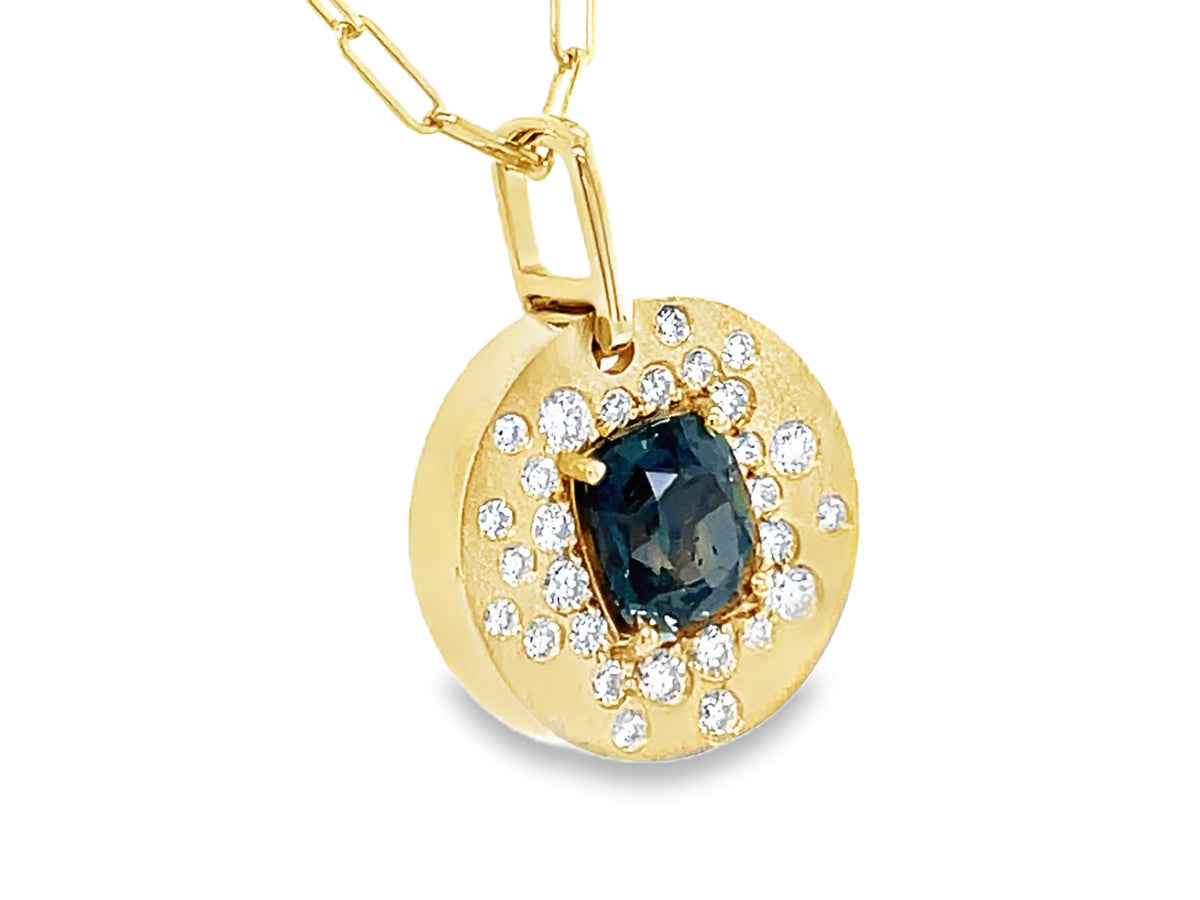 NATURAL NO HEAT GREEN SAPPHIRE CUSHION & DIAMOND CONFETTI DISC PENDANT,18" PAPER CLIP CHAIN, SATIN FINISH