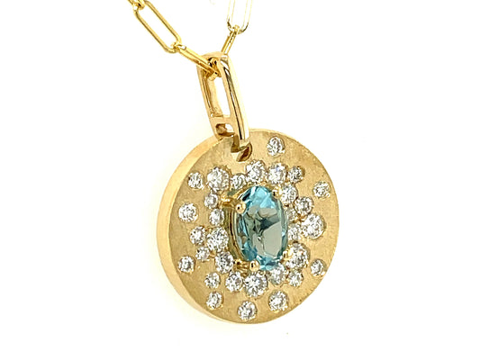 AQUAMARINE & DIAMOND FLUSH DISC PENDANT, 18" PAPERCLIP CHAIN, SATIN FINISH