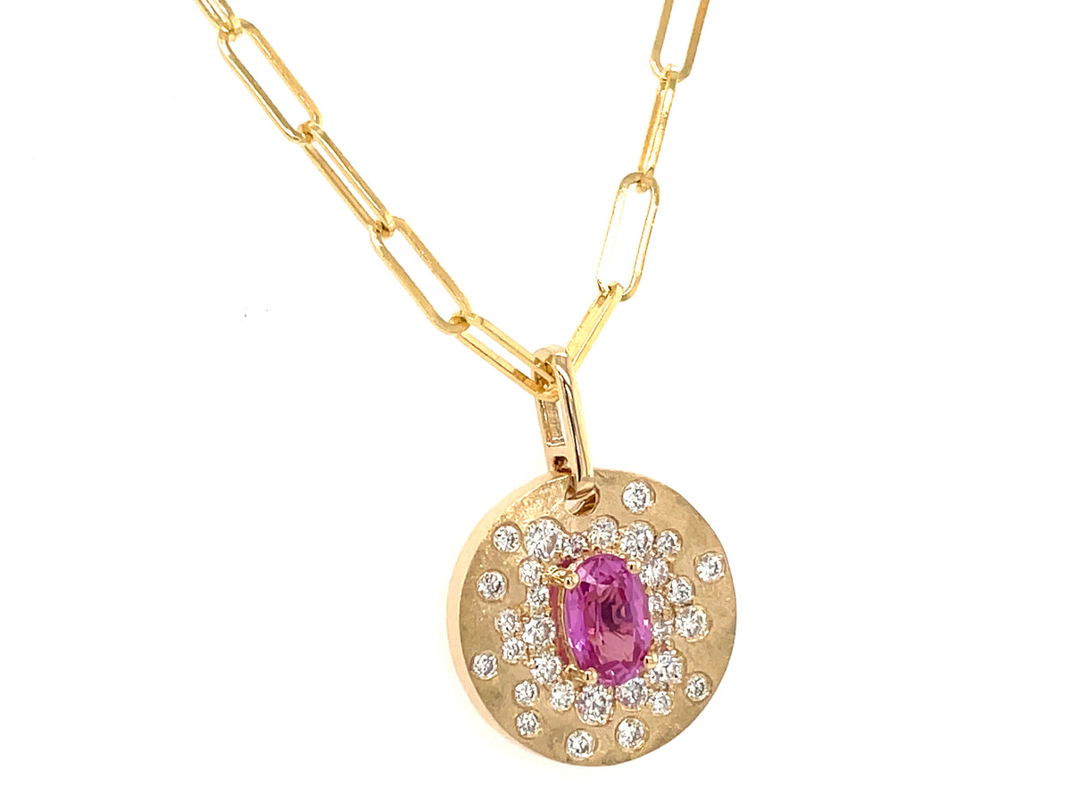 Pink Sapphire Diamond Flush Disc Pendant, 18" Paperclip Chain, Satin Finish