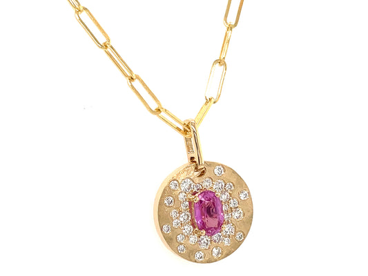Pink Sapphire Diamond Flush Disc Pendant, 18" Paperclip Chain, Satin Finish