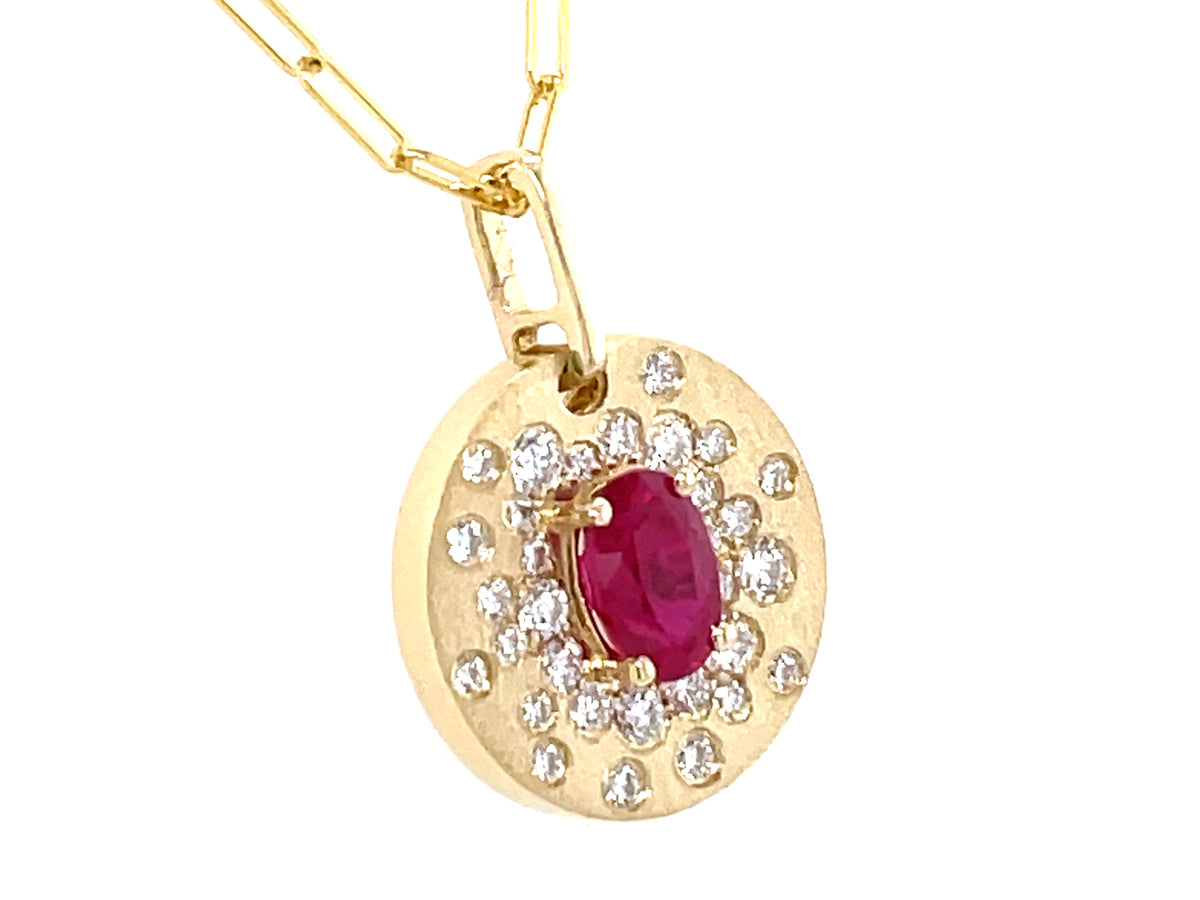 RUBY & DIAMOND FLUSH DISC PENDANT, 18" PAPERCLIP CHAIN, SATIN FINISH, 18" PAPERCLIP CHAIN
