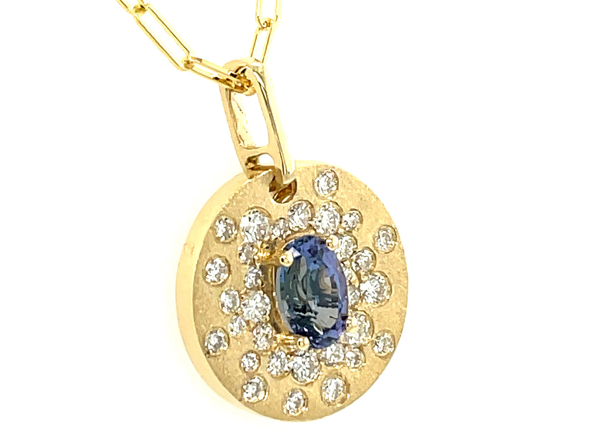 TANZANITE & DIAMOND FLUSH DISC PENDANT, 18" PAPERCLIP CHAIN, SATIN FINISH