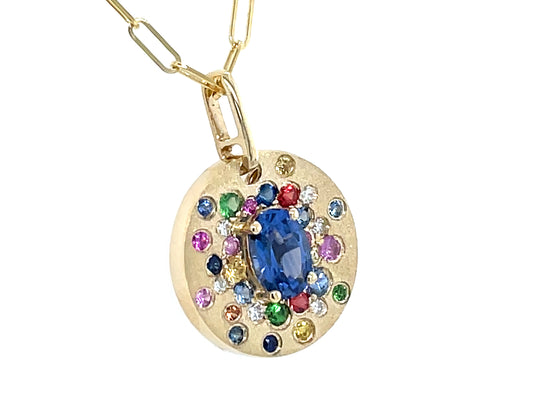BLUE SAPPHIRE OVAL, RAINBOW SAPPHIRE, RUBY, TSAVORITE & DIAMOND FLUSH DISC PENDANT, 14MM, 18" PAPER CLIP CHAIN,  SATIN FINISH