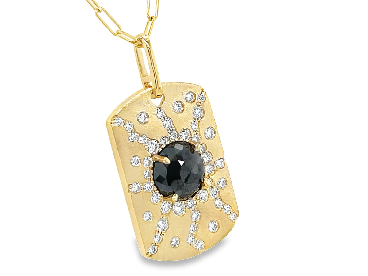 BLACK DIAMOND ROUND & WHITE DIAMOND CONFETTI DOGTAG PENDANT, 27MM, 18" PAPERCLIP CHAIN, SATIN FINISH
