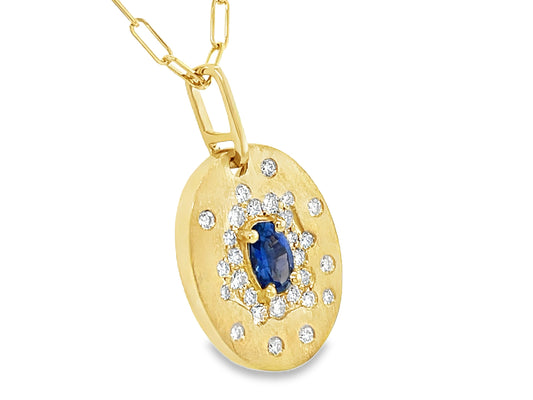 BLUE SAPPHIRE OVAL & DIAMOND CONFETTI OVAL DISC PENDANT, 18X14MM, 18" PAPERCLIP CHAIN, SATIN FINISH