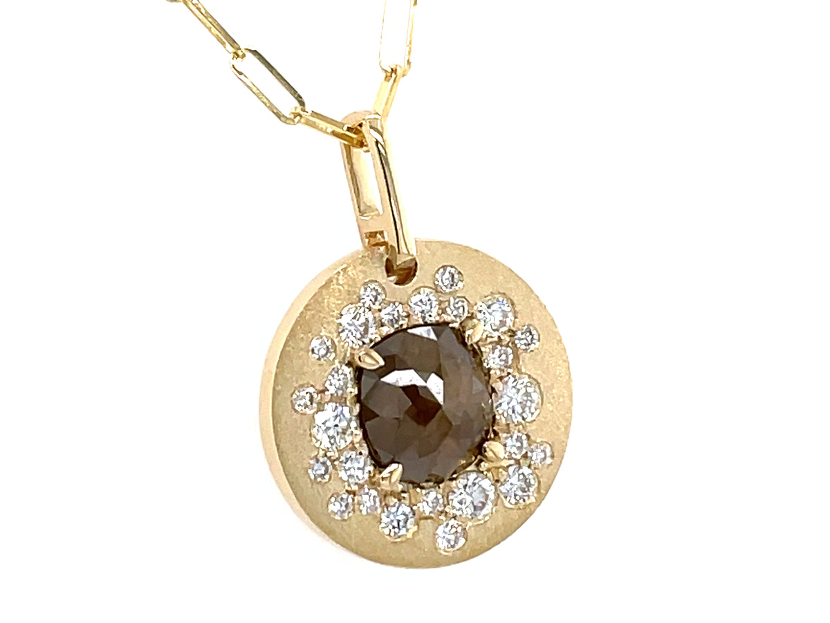 FANCY COLOR DIAMOND CENTER FLUSH SET DISC PENDANT, SATIN FINISH, 18" PAPERCLIP CHAIN