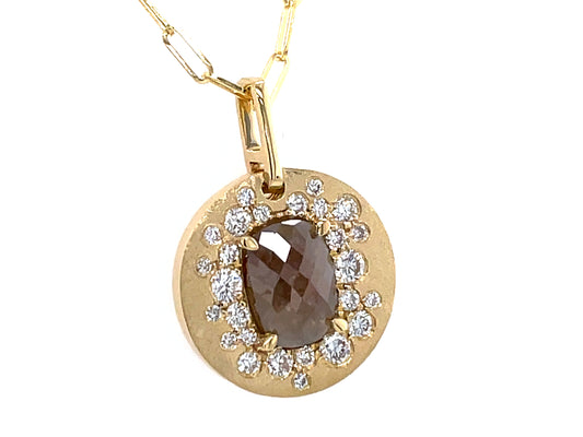 FANCY COLOR DIAMOND CENTER FLUSH SET DISC PENDANT, SATIN FINISH, 18" PAPERCLIP CHAIN
