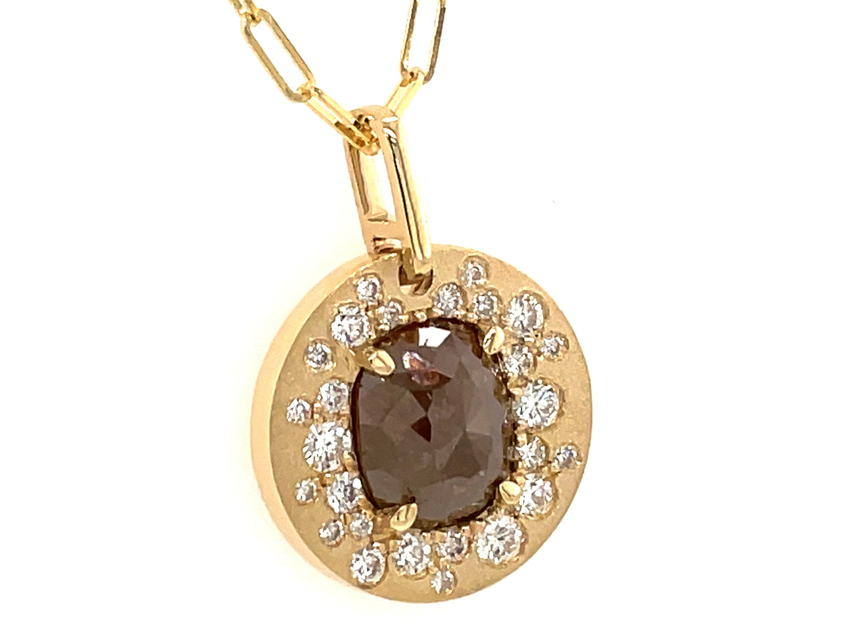FANCY COLOR DIAMOND CENTER FLUSH SET DISC PENDANT, SATIN FINISH, 18" PAPERCLIP CHAIN