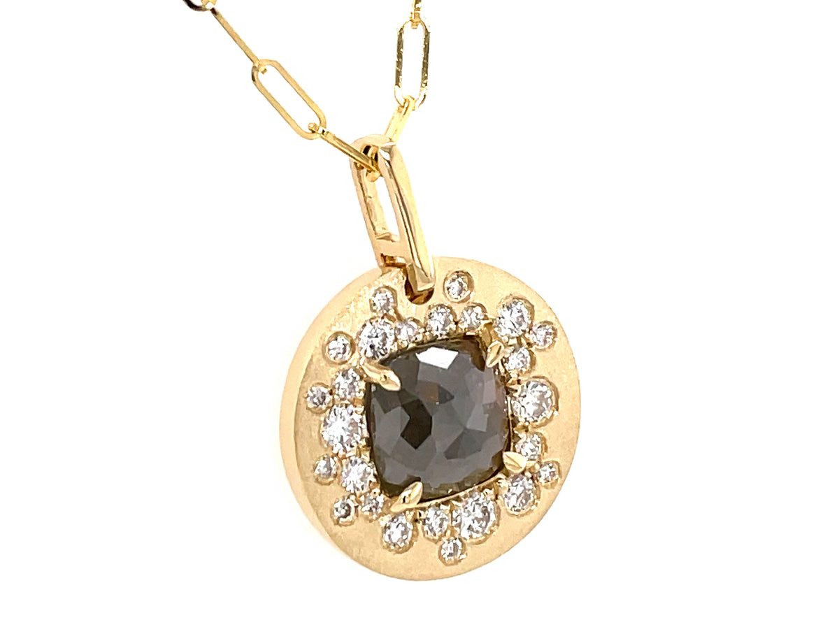 FANCY COLOR DIAMOND CENTER FLUSH SET DISC PENDANT, SATIN FINISH, 18" PAPERCLIP CHAIN
