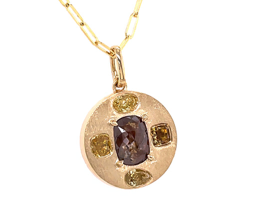 FANCY COLOR DIAMOND 5 STONE DISC PENDANT, SATIN FINISH, 18" PAPERCLIP CHAIN