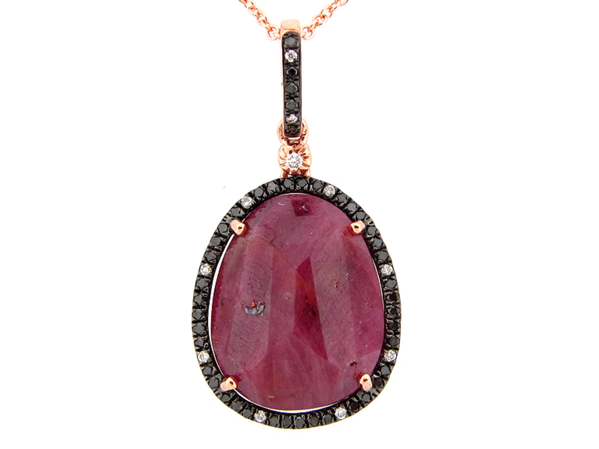 ROSE CUT RUBY, BLACK & WHITE DIAMOND PENDANT, 14KR (N/R)