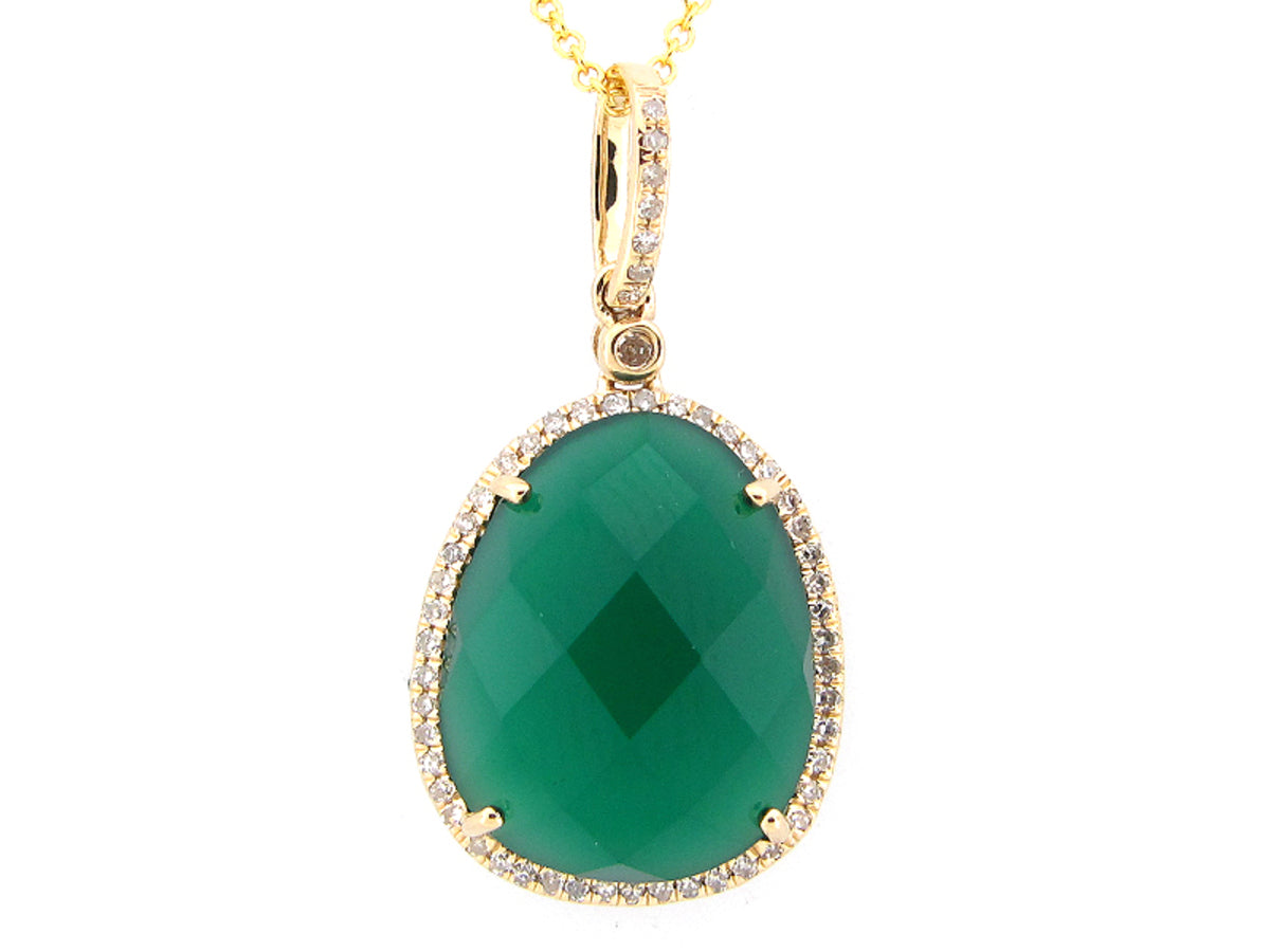 GREEN AGATE & WHITE DIAMOND PENDANT, 14KY (D/N), C=6.20