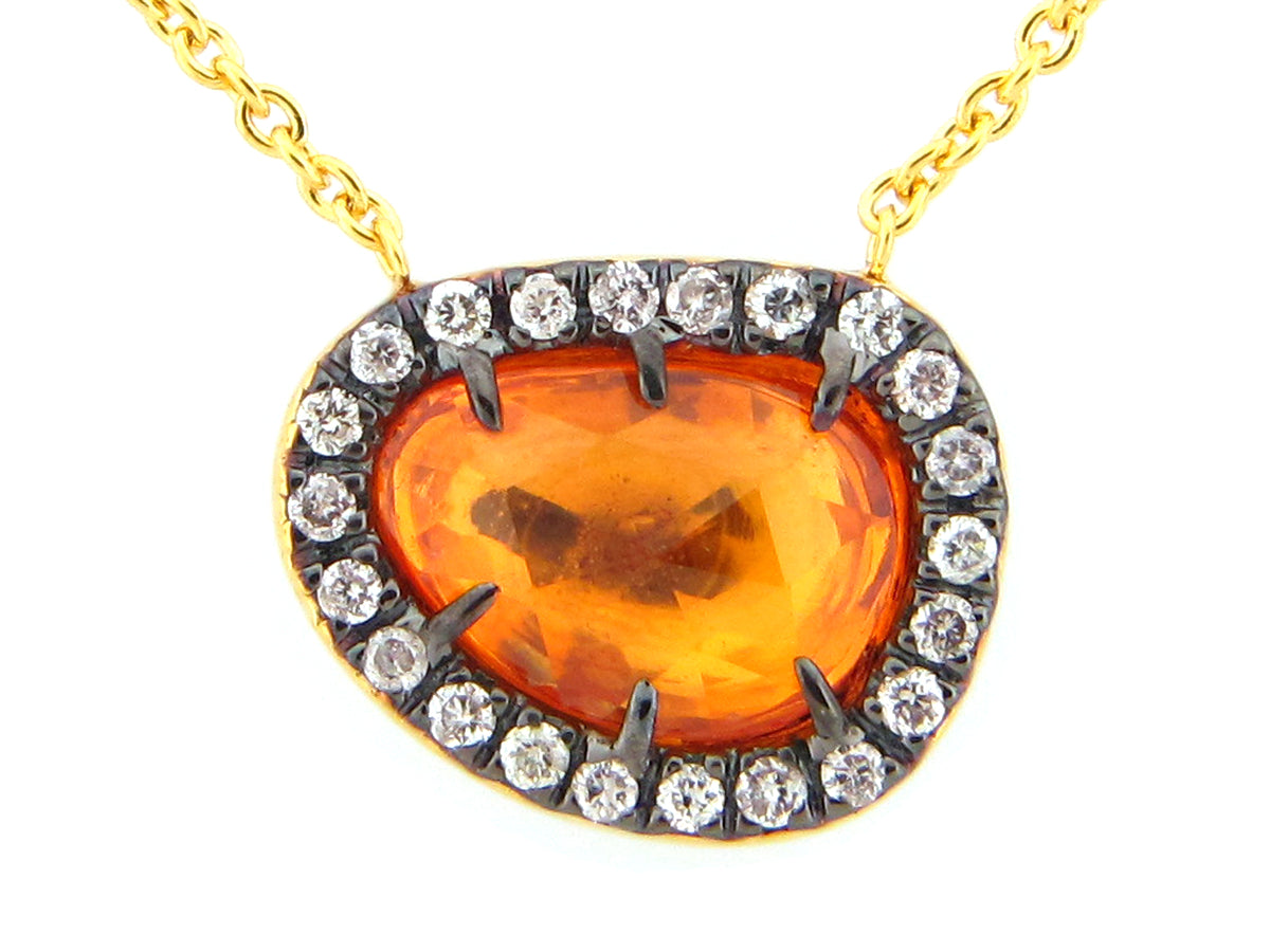 ROSE CUT ORANGE SAPPHIRE & DIAMOND PENDANT NECKLACE, 18"/17"/16", 18KY (U)