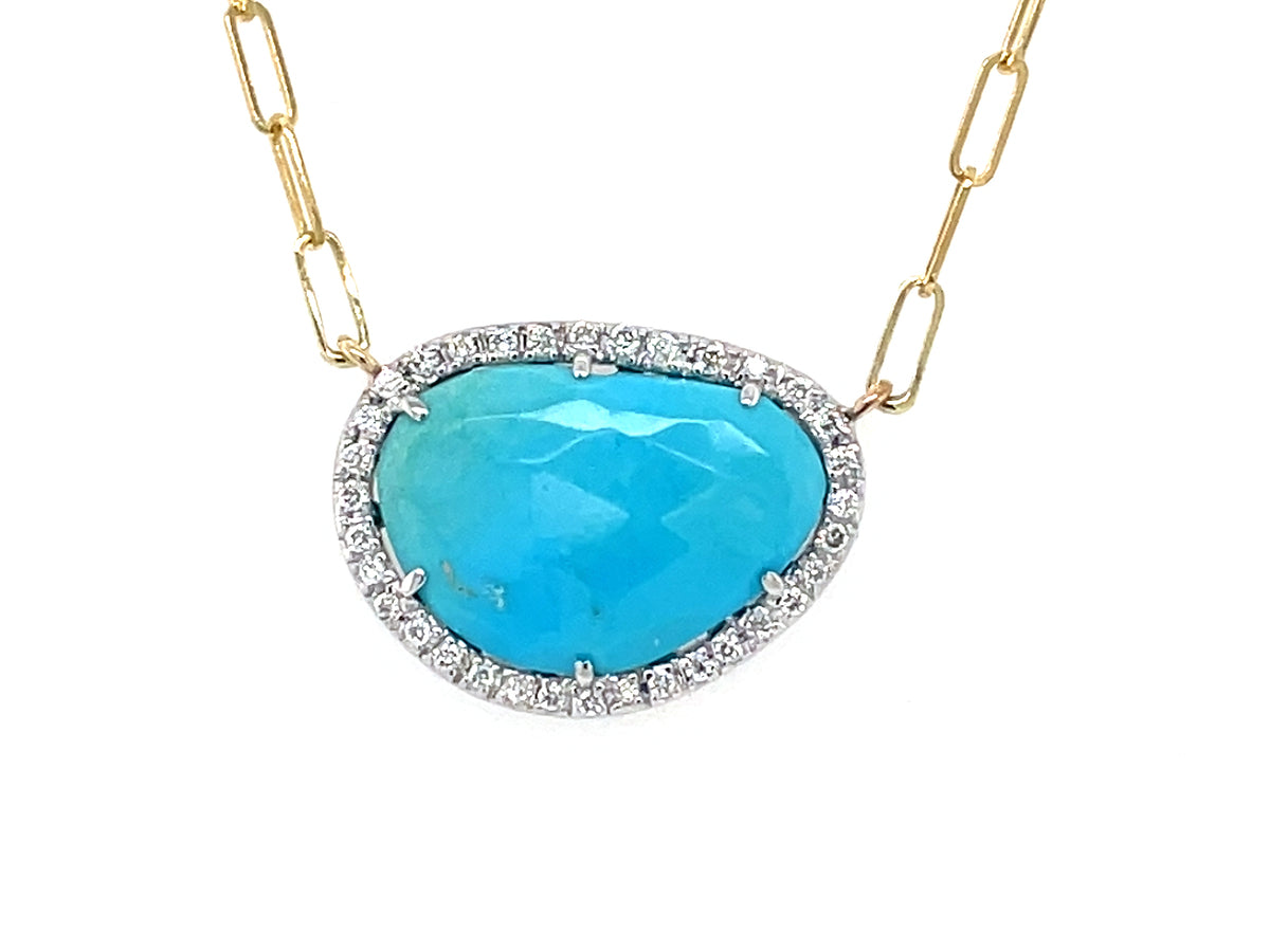 Turquoise Diamond Halo Pendant Necklace, 18" Paperclip Chain