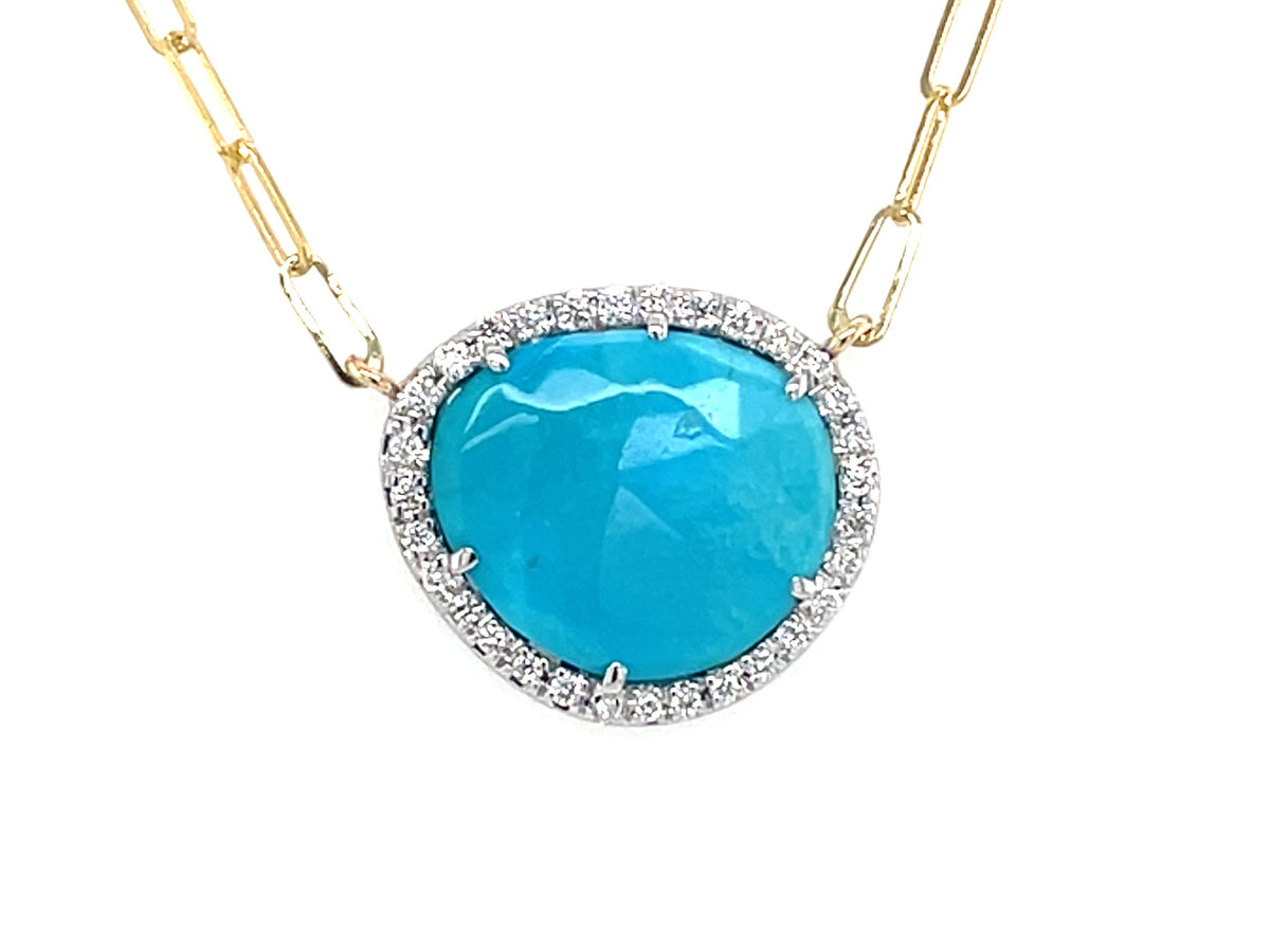 Turquoise Diamond Halo Pendant Necklace, 18" Paperclip Chain