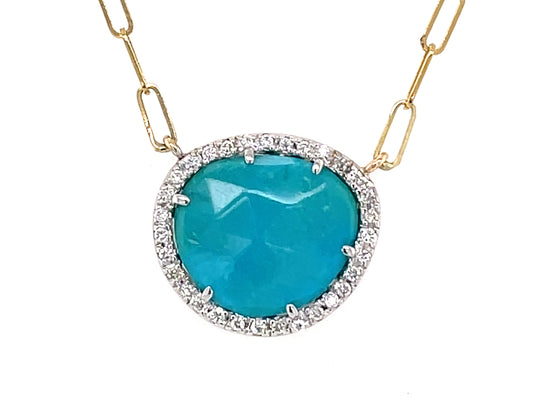 Turquoise Diamond Halo Pendant Necklace, 18" Paperclip Chain