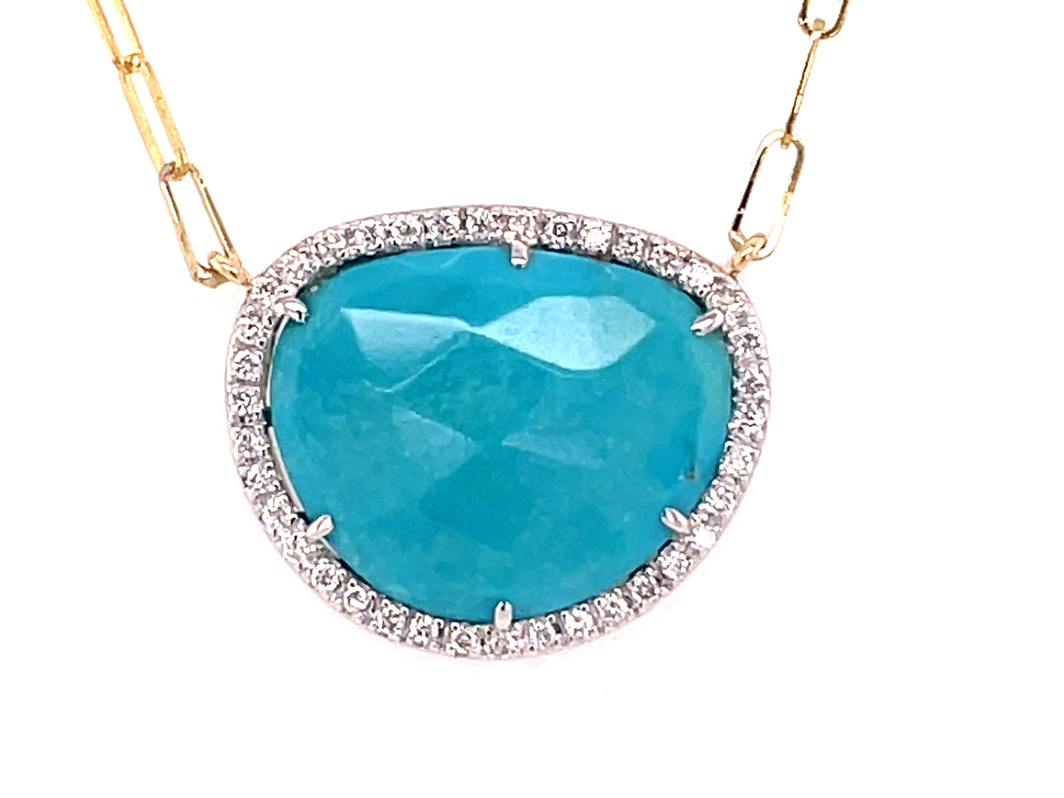 Turquoise Diamond Halo Pendant Necklace, 18" Paperclip Chain