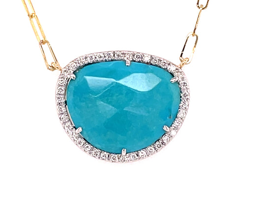 Turquoise Diamond Halo Pendant Necklace, 18" Paperclip Chain