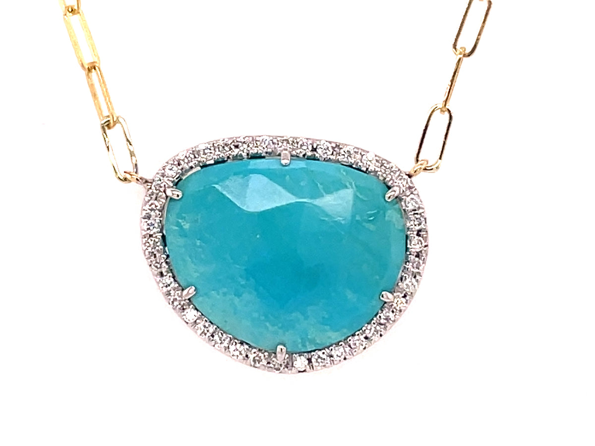 Turquoise Diamond Halo Pendant Necklace, 18" Paperclip Chain