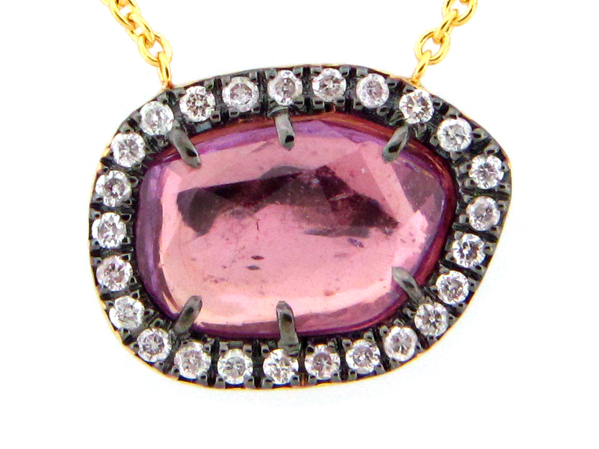 ROSE CUT PURPLE SAPPHIRE & DIAMOND PENDANT NECKLACE, 18"/17"/16", 18KY (H)