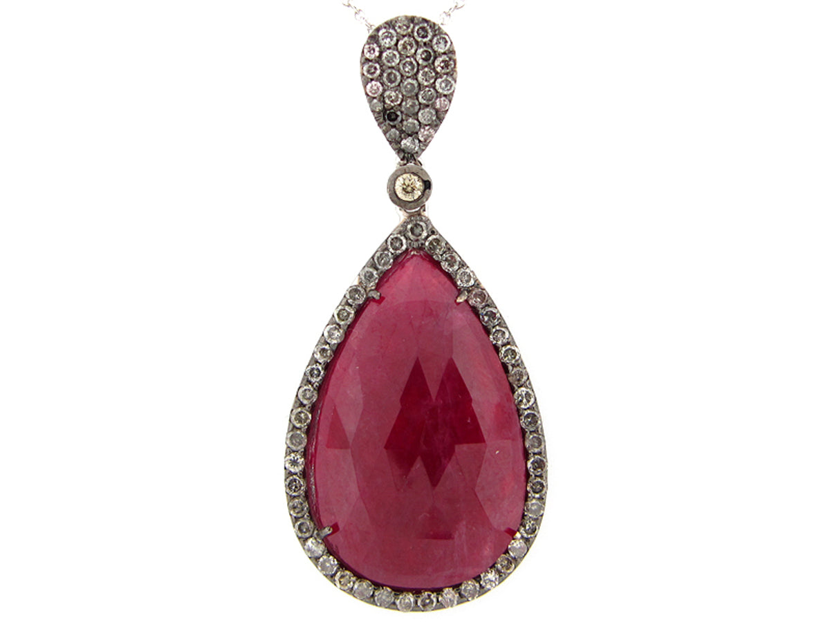 ROSE CUT RUBY & DIAMOND PENDANT, 18KW (N)