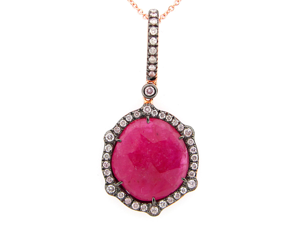 ROSE CUT SLICE RUBY & DIAMOND PENDANT, 18KR (N)