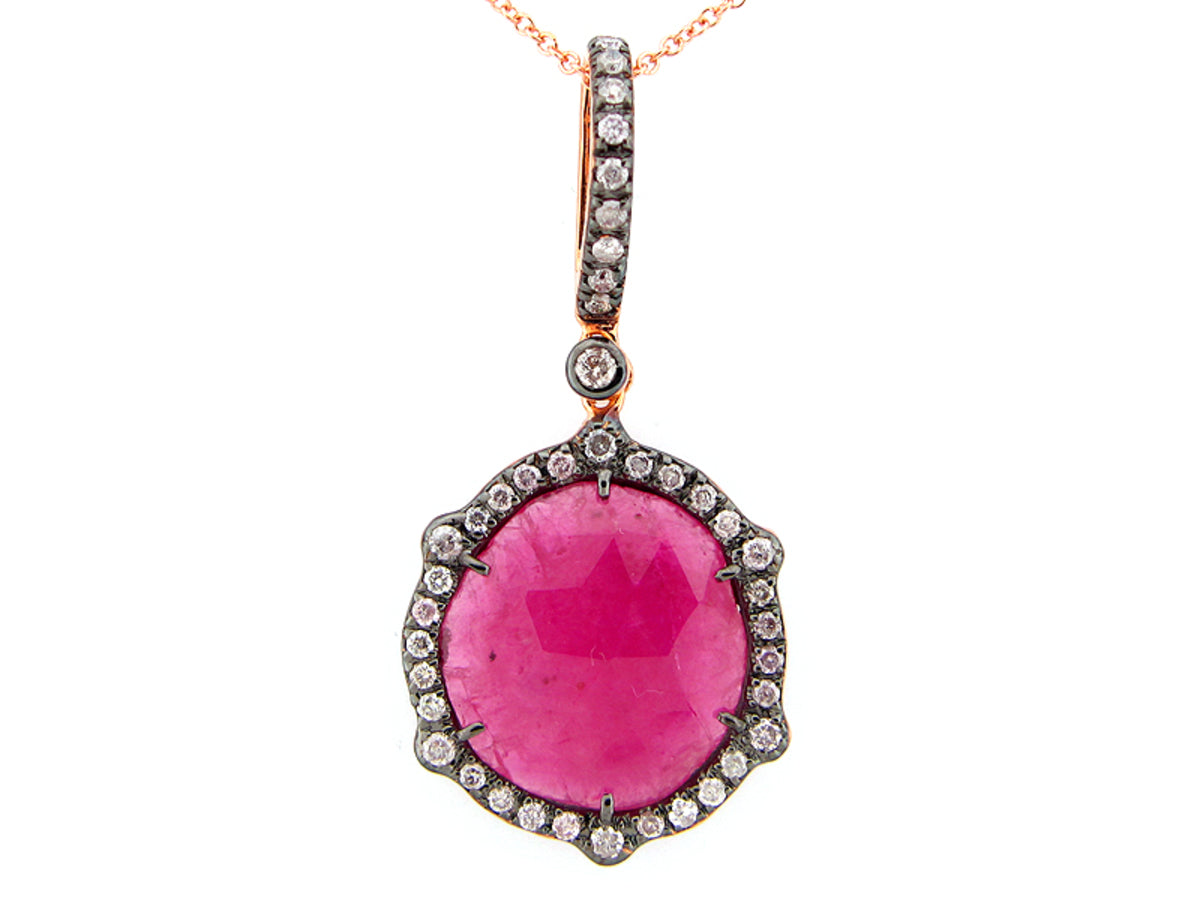 ROSE CUT SLICE RUBY & DIAMOND PENDANT, 18KR (N)