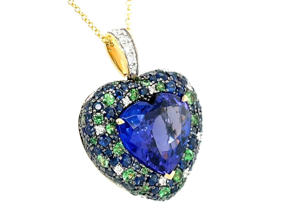 Tanzanite Heart Center, Sapphire, Tsavorite Diamond Pave Halo Pendant, 18" Bolo Chain