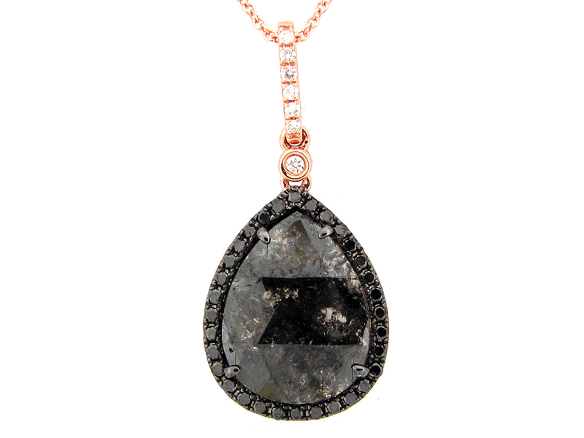 ROSE ROUGH CUT GRAY, BLACK & WHITE DIAMOND PENDANT, 14KR (R/N)