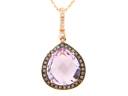 PINK AMETHYST, BROWN & WHITE DIAMOND RING, 14KR (H/N)