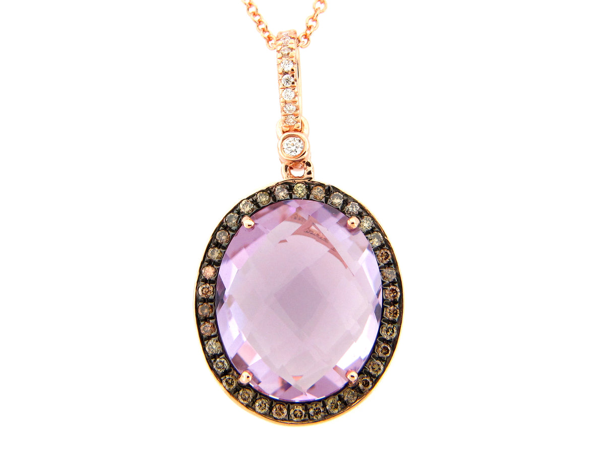 PINK AMETHYST, BROWN & WHITE DIAMOND PENDANT, 14KR (H/N)
