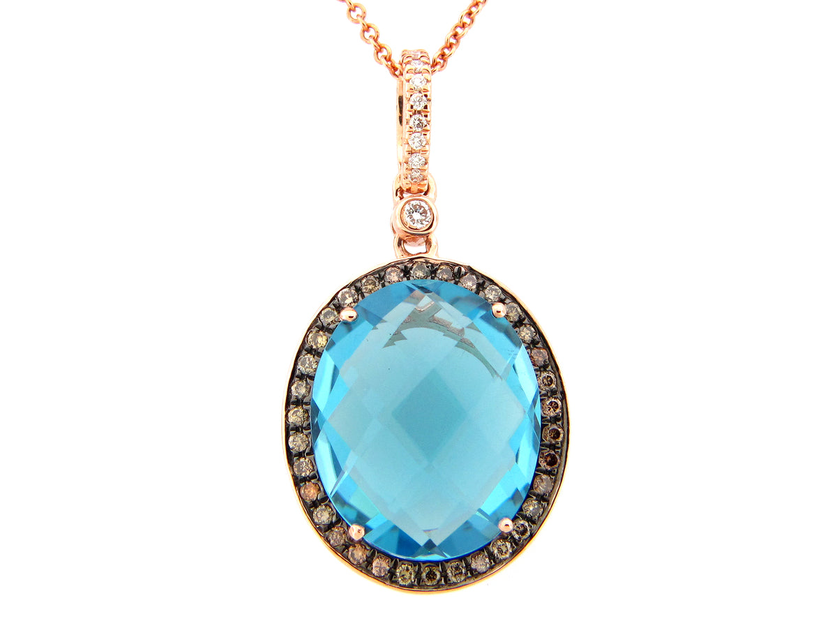 SWISS BLUE TOPAZ, BROWN & WHITE DIAMOND PENDANT, 14KR (R/N)
