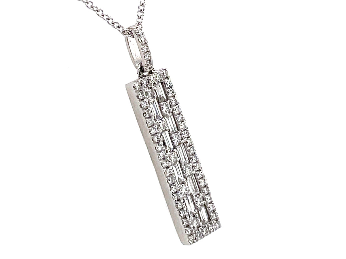 DIAMOND BAGUETTES & ROUNDS BAR PENDANT, 20X5.5MM, 18" BOLO CHAIN"