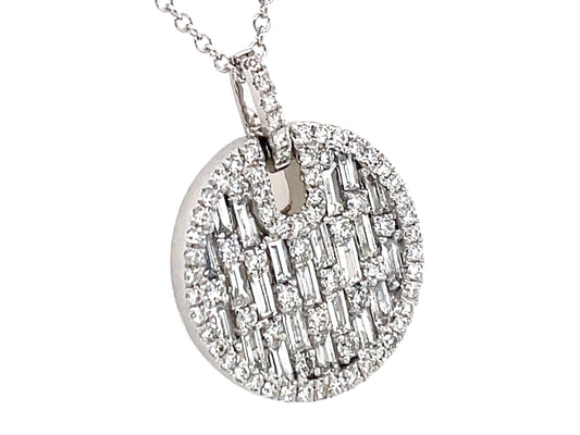 DIAMOND BAGUETTES & ROUNDS DISC PENDANT, 15MM, 18" BOLO CHAIN"