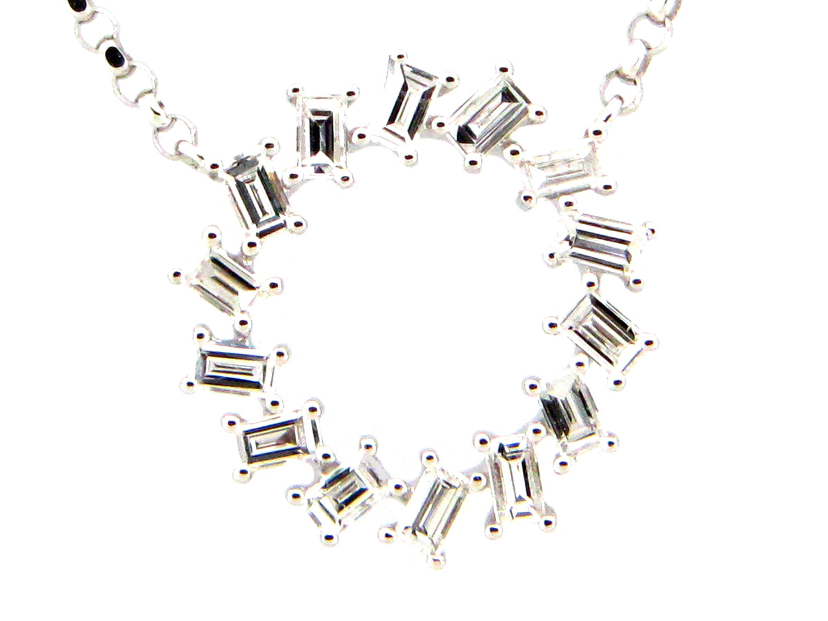 DIAMOND BAGUETTE CIRCLE PENDANT NECKLACE, 18"/17"/16",14KW (N)