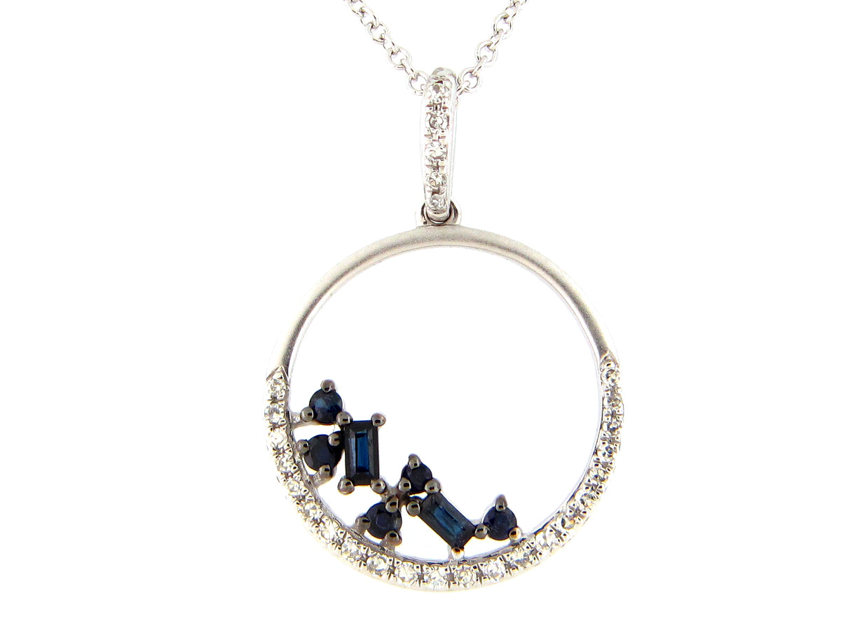 SAPPHIRE BAGUETTE CLUSTER & DIAMOND CIRCLE PENDANT, 14KW (H)