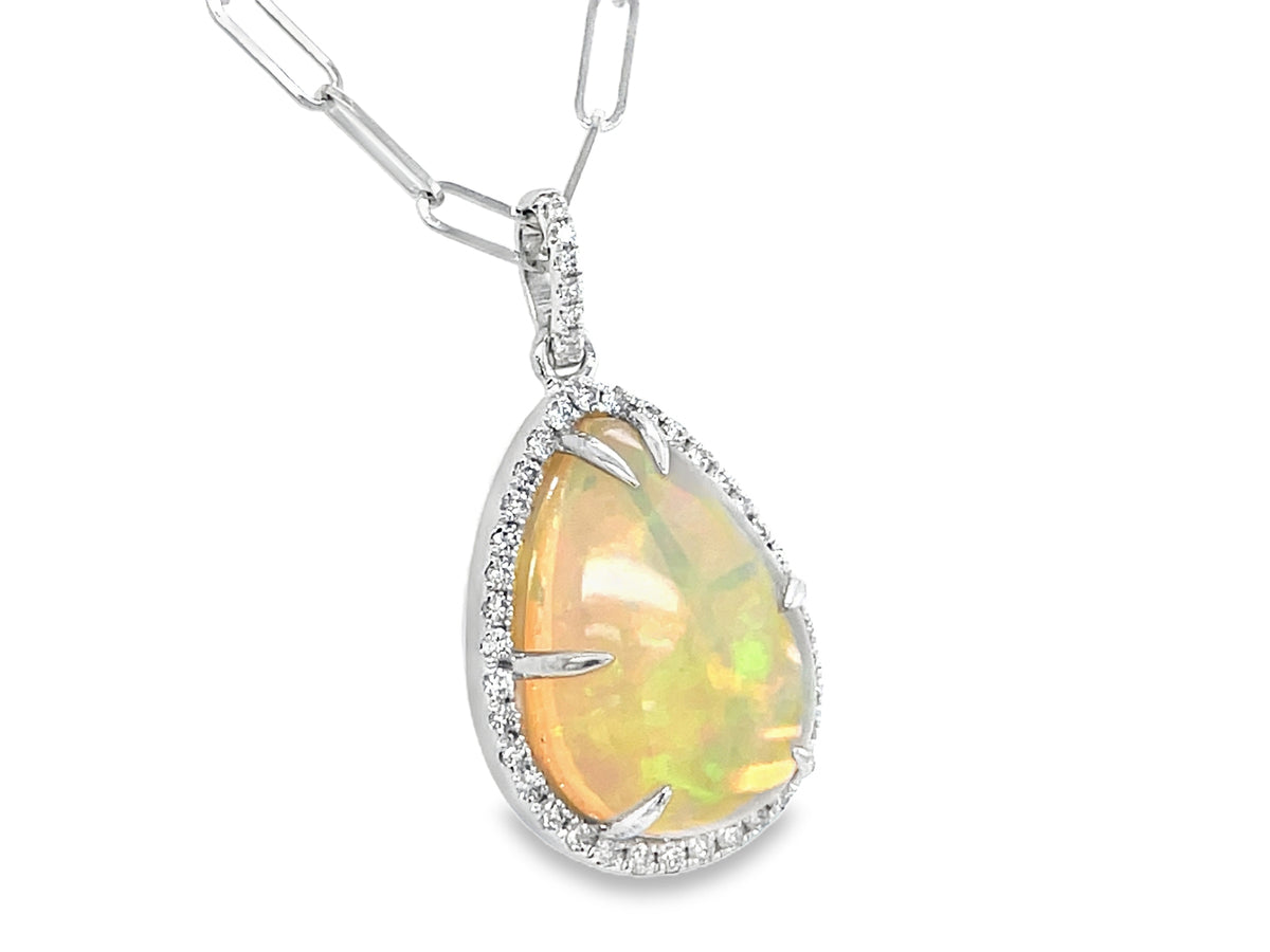 OPAL PEAR & DIAMOND HALO PENDANT, 18" PAPER CLIP "