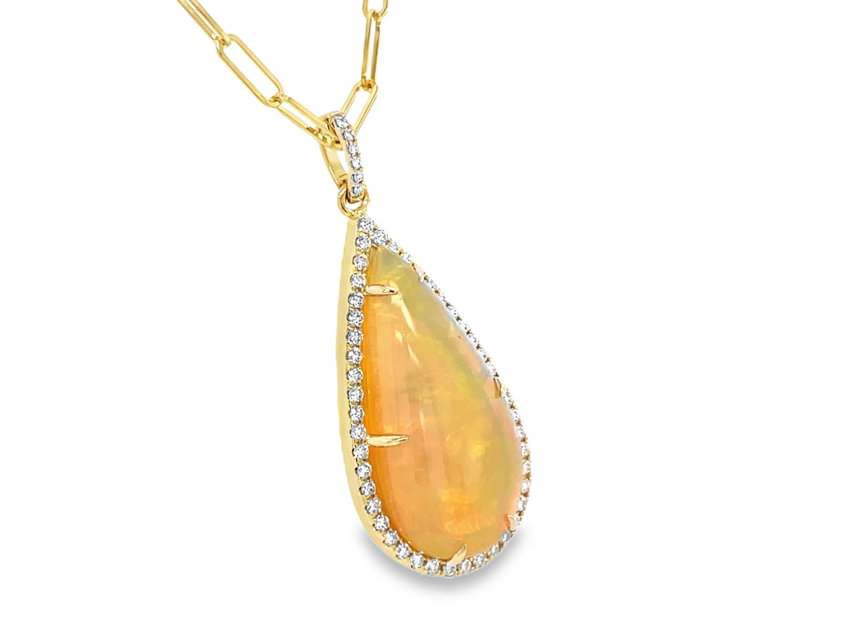 OPAL PEAR & DIAMOND HALO PENDANT, 18" PAPER CLIP "