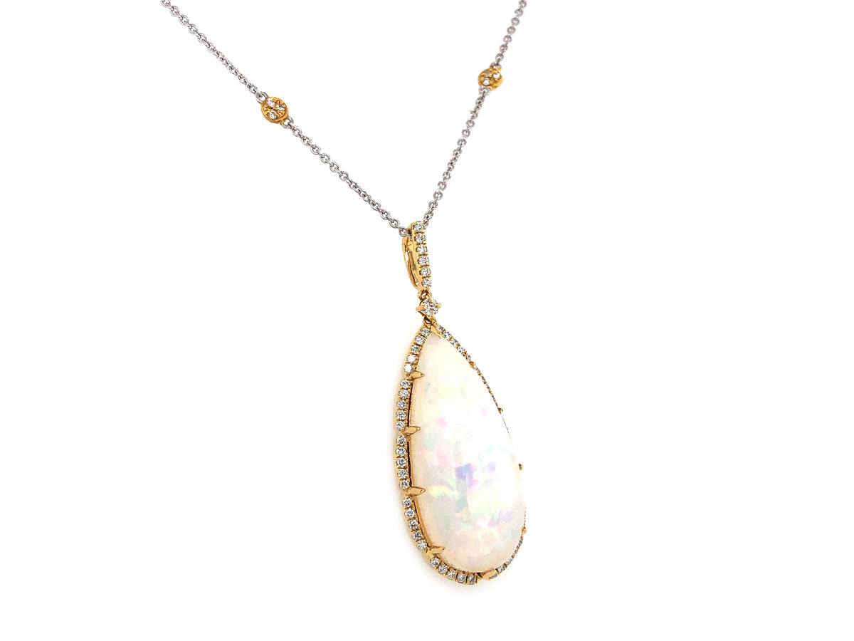 OPAL PEAR & DIAMOND PENDANT, 16" DIA BY THE YARD CHAIN, 18KWY (O)