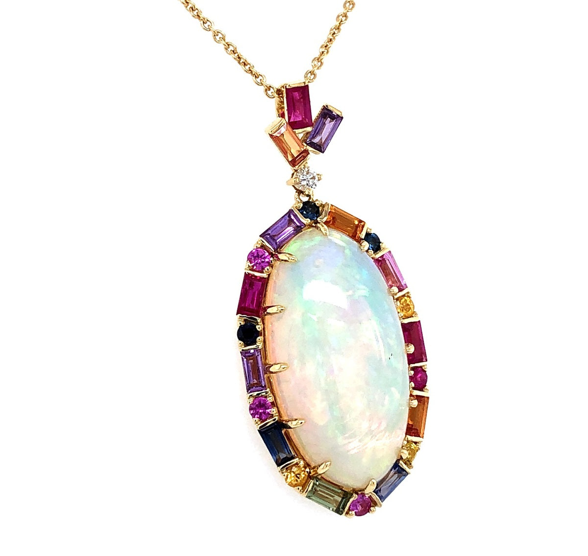 OPAL OVAL, SAPPHIRE HALO & DIAMOND PENDANT, 18KY (O/H/U)