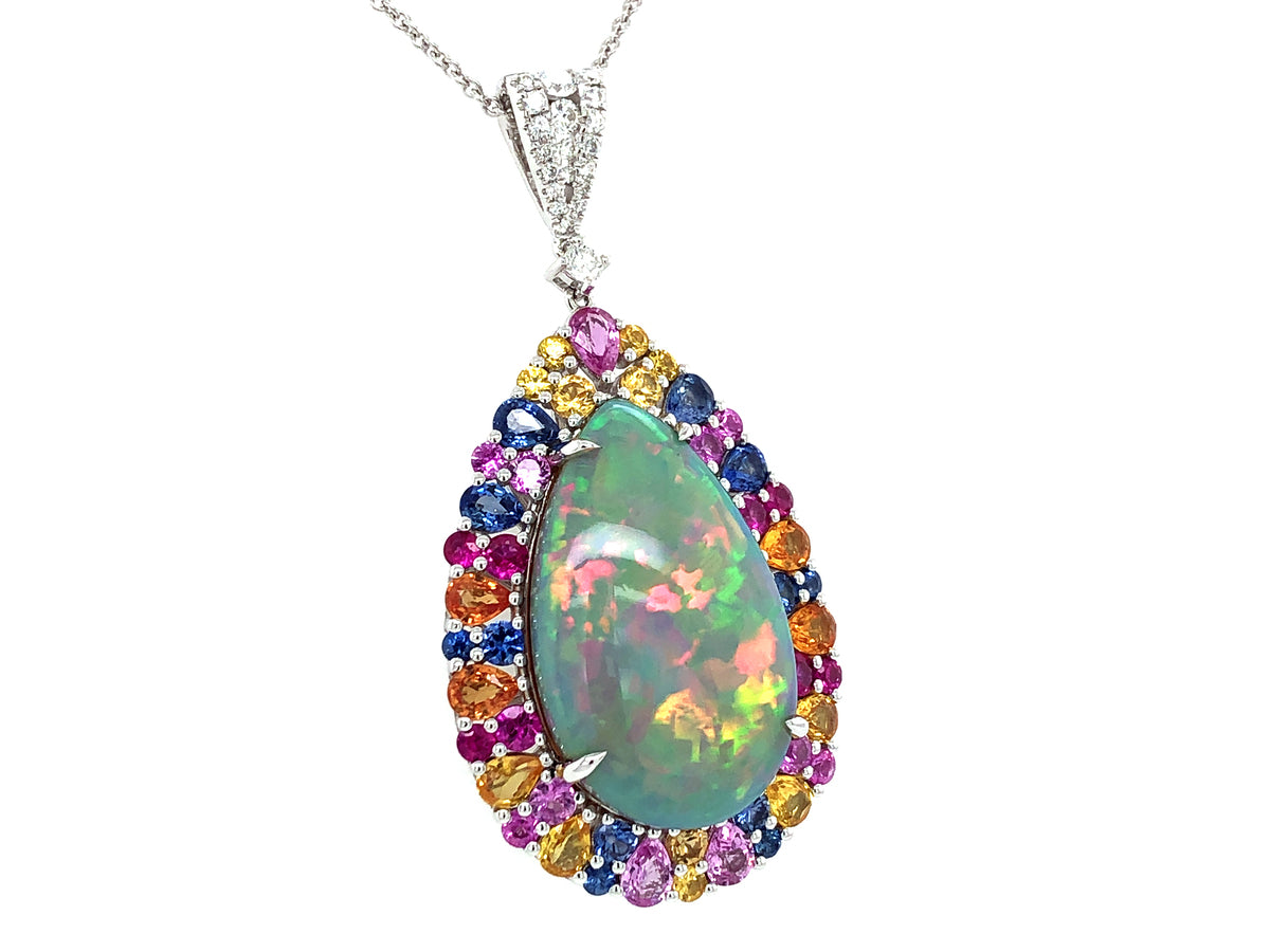 GRAY OPAL PEAR, RAINBOW SAPPHIRE HALO & DIA PEND, DIA CHAIN, 18KWR(O/H/U)