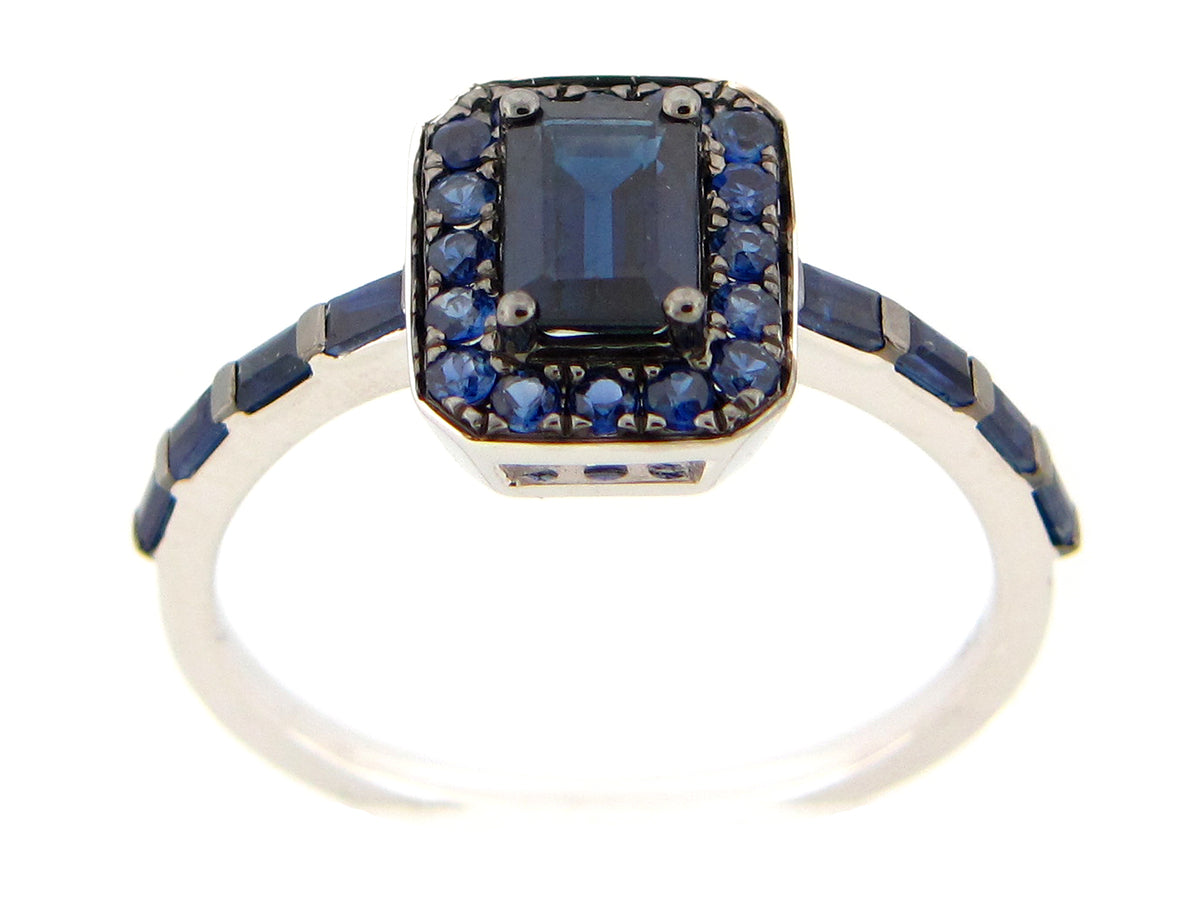 SAPPHIRE EMERALD CUT & BAGUETTE CLUSTER RING, 14KW (H)