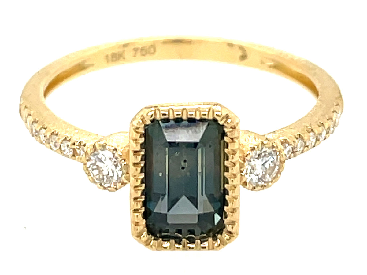 NATURAL NO HEAT E/C GREEN SAPPHIRE MILLGRAIN BEZEL & DIAMOND RING, SATIN FINISH