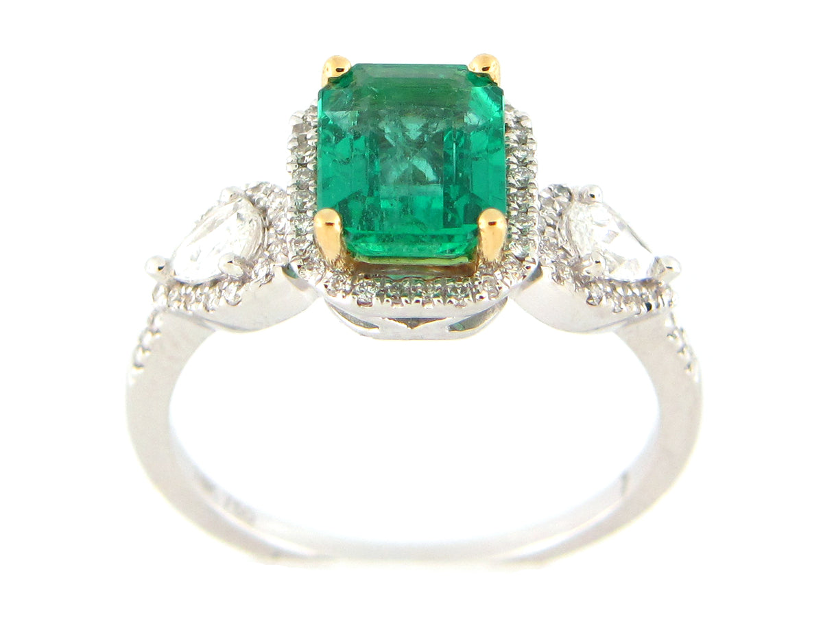 EMERALD CUT EMERALD & DIAMOND 3 STONE HALO RING, 18KWY (O)