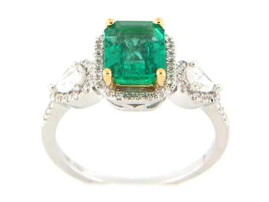 EMERALD CUT EMERALD & DIAMOND 3 STONE HALO RING, 18KWY (O)