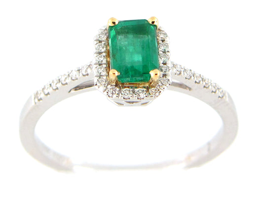 EMERALD CUT EMERALD & DIAMOND HALO RING, 18KWY (O)