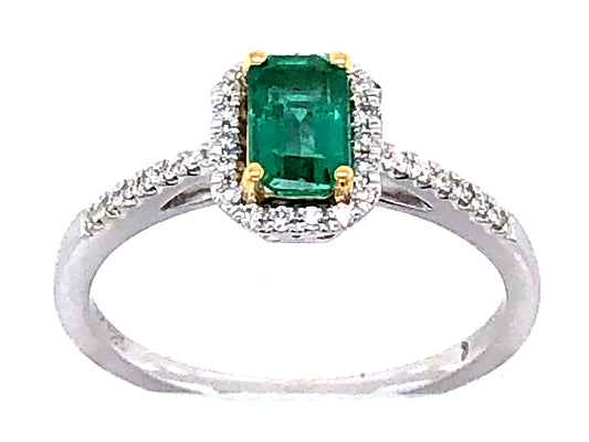 EMERALD CUT EMERALD & DIAMOND HALO RING, 14KWY (O)