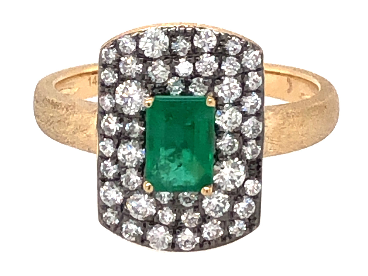 EMERALD CUT EMERALD & DIAMOND RING, BLACK FINISH PRONGS, SATIN FINISH, 14KY (O)