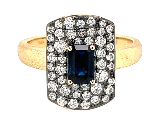 EMERALD CUT SAPPHIRE & DIAMOND RING, BLACK FINISH PRONGS, SATIN FINISH, 14KY (H)