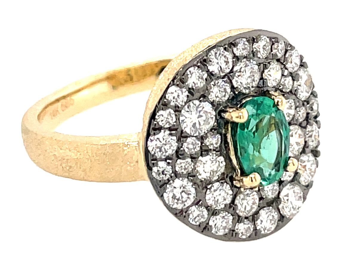 EMERALD OVAL & DIAMOND ROUND SHIELD RING, SATIN FINISH